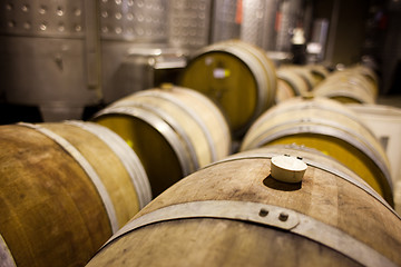 Image showing Wine barrels in rows