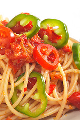 Image showing spicy italian pasta tomato and chili peppers sauce