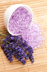 Image showing Lavender flowers and the bath salt - beauty treatment 