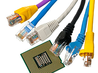 Image showing Cat 5 cables in multiple colors with CPU