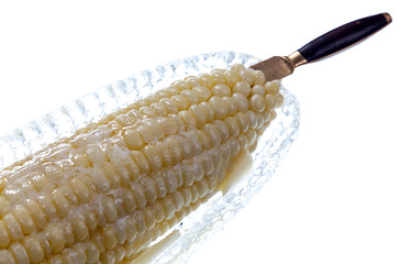 Image showing Cooked sweetcorn in glass dish