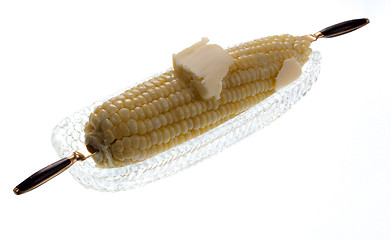 Image showing Cooked sweetcorn in glass dish