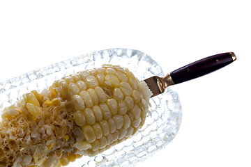 Image showing Cooked sweetcorn in glass dish