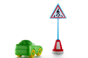 Image showing Green car behind pedestrian crossing road sign