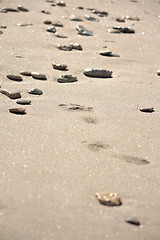 Image showing Footprints at the beach among the stones