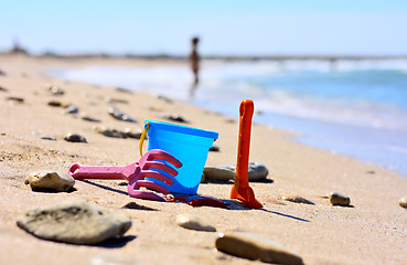 Image showing Plastic bucket on the beach