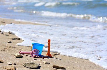 Image showing Plastic bucket on the beach