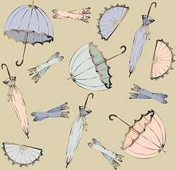 Image showing Illustration of vintage umbrella, fan, glove. Seamless background fashionable modern wallpaper or textile.