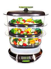 Image showing Healthy cooking, steam cooker with vegetables