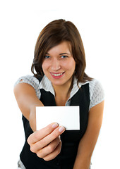 Image showing Businesswoman showing empty business card