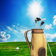 Image showing Golf equipment and ball on golf course