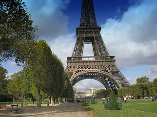 Image showing Eiffel Tower with Clouds from Champs de Mars in Paris