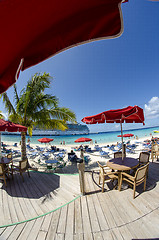 Image showing Deckchairs and Umbrellas on a beautiful Beach