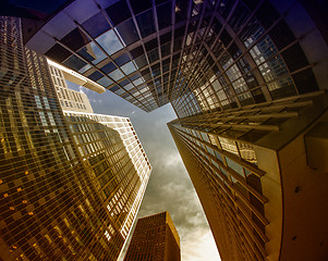 Image showing Fisheye upward view of New York City Skyscrapers