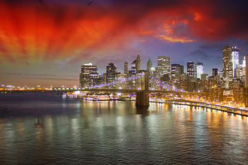 Image showing Brooklyn Bridge and New York City Skyscrapers at Night