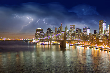 Image showing Storm in the Night over Brooklyn Bridge, New York City