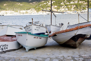 Image showing Row Boats Lined Up In Marina