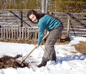 Image showing A young girl digs the garden in early spring