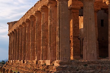 Image showing Colonnade of ancient Concordia temple in Agrigento, Sicily, Italy at sunset