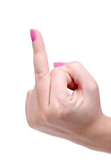 Image showing female hand with middle finger up