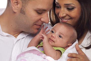 Image showing Mixed Race Young Couple with Newborn Baby