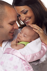 Image showing Mixed Race Young Couple with Newborn Baby