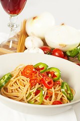 Image showing spicy italian pasta tomato and chili peppers sauce