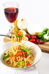 Image showing spicy italian pasta tomato and chili peppers sauce