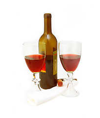 Image showing red wine bottle and two glasses