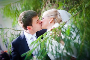 Image showing beautiful groom and the bride near a Christmas tree