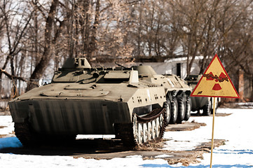 Image showing War machines with radioactivity sign at Chernobyl