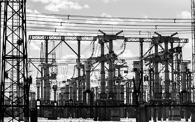 Image showing Electric pylons in black and white