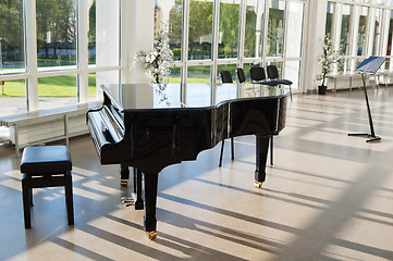 Image showing Grand piano in the hall shined by the sun