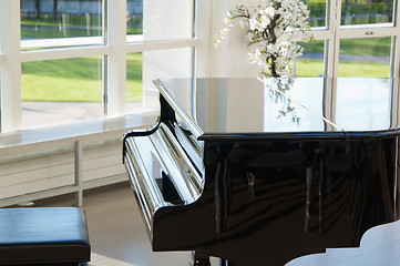 Image showing Grand piano in the hall shined by the sun