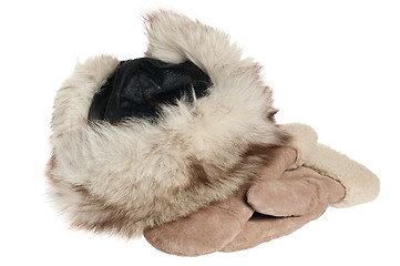 Image showing winter fur hat and mittens, isolated on white 