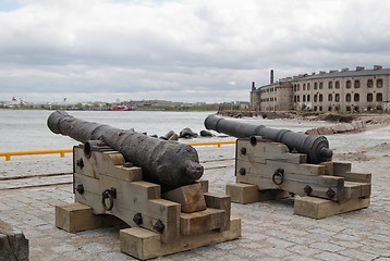 Image showing Ancient guns on a background of a fortress at the sea