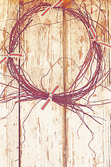 Image showing old wreath on wooden door