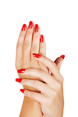 Image showing woman hands with red nails