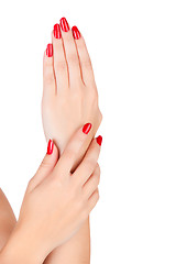 Image showing woman hands with red nails