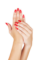 Image showing woman hands with red nails