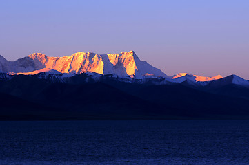 Image showing Landscape of snow-capped mountains at lakeside