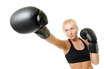 Image showing boxer woman with black boxing gloves