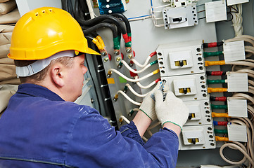 Image showing Electrician tighten the screws with spanner