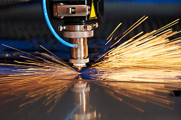 Image showing Laser cutting of metal sheet with sparks