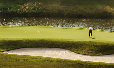 Image showing Golfer putting on green