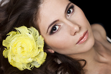 Image showing Pretty women on black background wearing yellow feathers