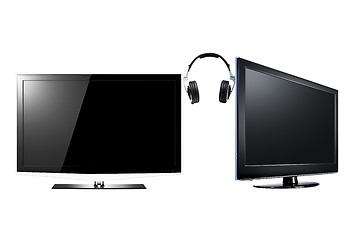 Image showing two LCD high definition flat screen TV with headphone