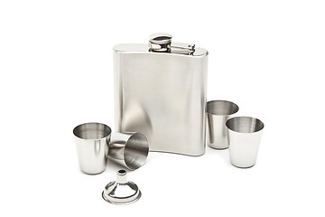 Image showing Hip flask and cups with white background