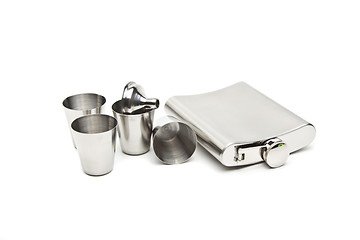 Image showing Hip flask and cups with white background