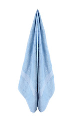 Image showing Soft fluffy blue bath and hand towels on white background